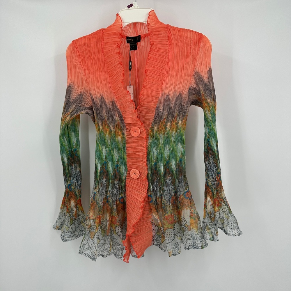 Jerry T Women Boho Ruffle Button Cardigan Sz 1X Artsy Pleated Watercolor Stretch
